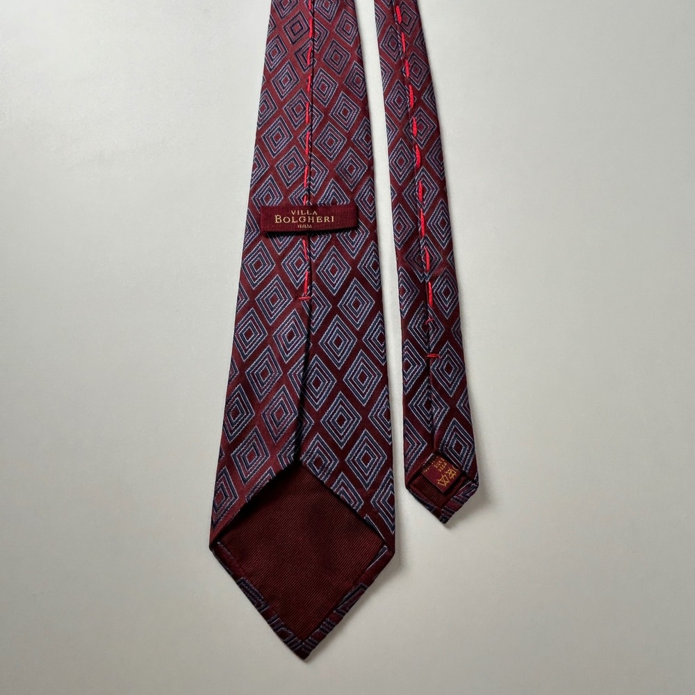Villa Bolgheri Burgundy Blue Diamond Geometric Jacquard 100% Silk Tie Italy - Picture 2 of 10